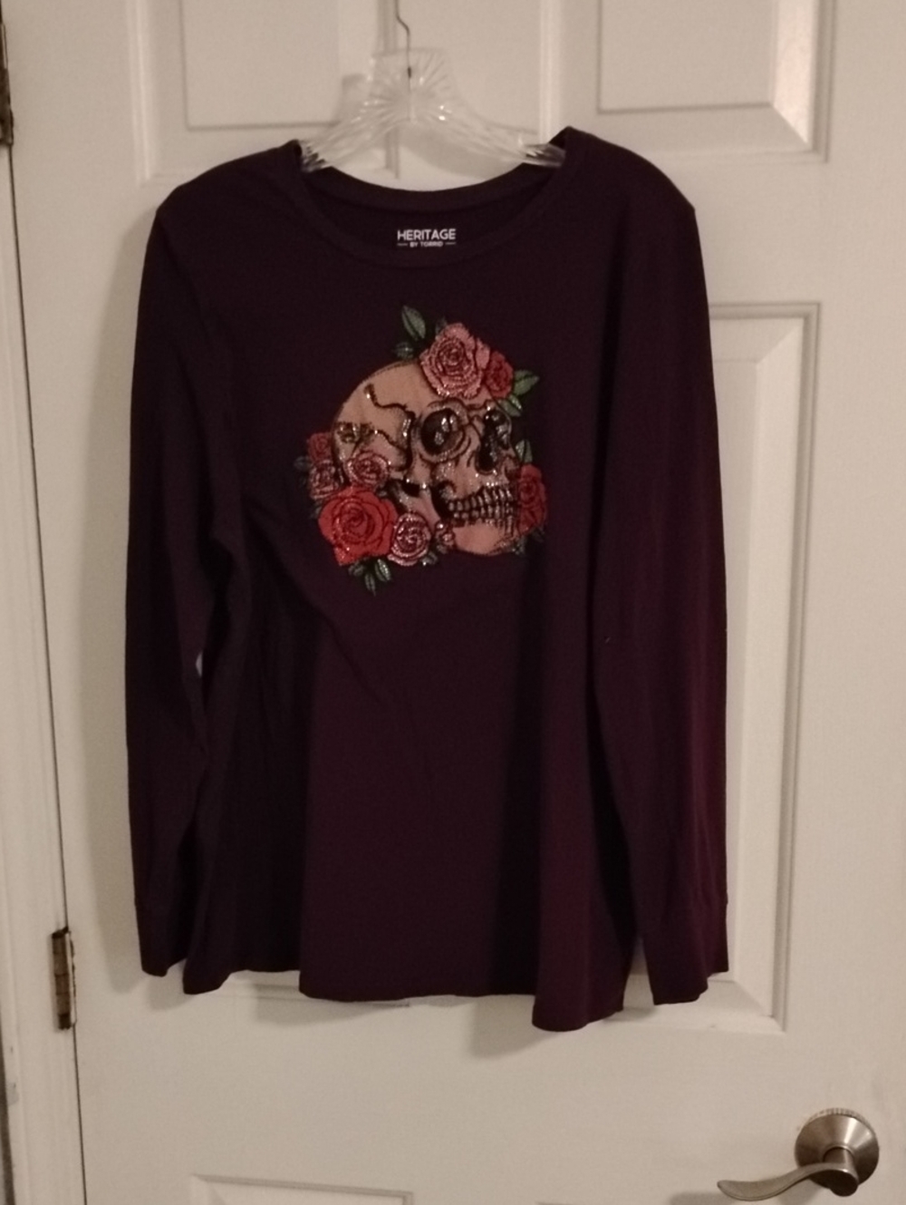 torrid Plum Long-Sleeve Tee with Embroidered Skull & Roses